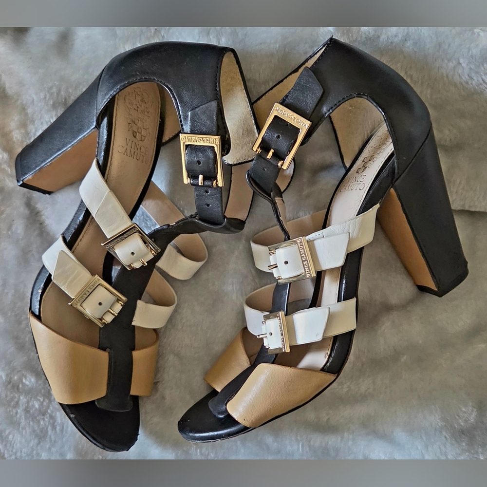Vince Camuto Black, White and Tan Buckle Block Heel Sandals